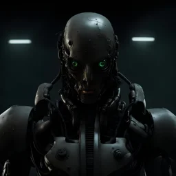 a close up portrait of a combat cyborg. photorealistic. use these themes: the borg, the matrix squiddies, cyberpunk. the lighting should be dark. it is standing in the shadows. it's battle damaged after years of action. incredibly ominous. one eye is covered by a targetting device.
