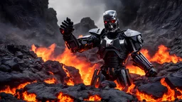 the terminator's hand sticks out of the lava and (shows thumbs up:1.5), smile, 8k, F2.8, RAW Photo, ultra detailed