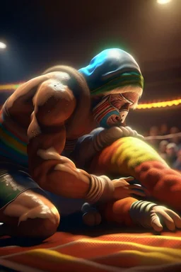 wrestler in the ring doing a piledriver on a scarecrow, 4 k, down-light, soft light, depth of field, photo realism, trending on art station, high detail, spray paint