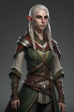 beautiful female on her thirties high elf ranger wearing medieval clothes with hands behind her back