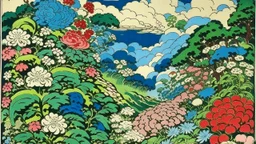 An illustration by Kuniyoshi and Matisse of a landscape of blooming flowers and lush vegetation.