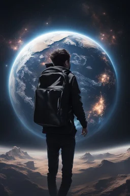 A figure wearing a black backpack deep in a supernova overlooking planet Earth