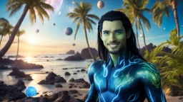 beautiful gorgeous young man na'vi with long hair, Avatar, blue skin, two small ears, green eyes, black hair, in cosmic suit, galactic ambiance, medium pointy goatee , smiling, with spaceship and planets and palm trees and clear crystaline cosmic beach in background