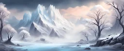Fantasy Concept Art: majestic fantasy landscape, cartoonish art style, very foggy mountainrange, ONLY ONE BIG MOUNTAIN Very icy and snowy with a white deciduous tree with white leaves