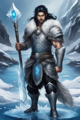 1 mana warrior, with blue eyes and black hair man in silver Viking armor with fur around the neck with blue crystal on his chest , standing in water in the artic, holding a ice axe, warrior in anime style,