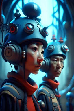 Retro futuristic tribal japanese hattori and Enki Bilal, art by john lasseter and Anato Finnstark, retro, surreal, Science fiction, ((((goro fujita)))) digital art retroism Cinema 4D Octane Render dystopian retrofuturism sci-f