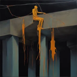 Minimal abstract oil painting of a falling person limbs sinew. Amongst concrete fragments brutalist architecture and hanging wires illuminated at night. Bright triadic colour In the style of Justin Mortimer and Phil Hale and Ashley Wood