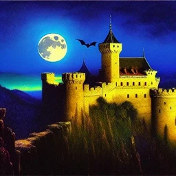 Drawing of 'Medieval Romanian Castle',bats,mountain,lake,full moon, by gaston bussiere, greg rutkowski, yoji shinkawa, yoshitaka amano, tsutomu nihei, donato giancola, tim hildebrandt, oil on canvas, cinematic composition, extreme detail,fit full head inside picture,16k