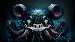 kraken octopus mickey mouse hybrid, photorealism, horror, evil, hungry, high resolution,