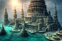 lost underwater city, Poseidon, highly detailed, cinematic, ultra photorealistic, ultra realistic, volumetric lighting, sun shafts, spectral