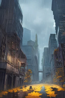 , high-rise buildings on the background, roofs of buildings in the clouds, rain, cloudy, dull colors, loneliness, hyperbalized buildings, puddles, autumn, trees with yellow leaves, foliage on the asphalt, buildings in the thickets, vines on buildings