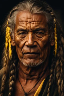 portrait of a 60 year old man, His hair was long, and yellow like the sun. Two braids hung down neatly in front of his ears. His face was rugged, and he carried a scar.