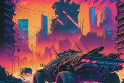 A vivid, Mad Max-inspired illustration neon-lit of a post-apocalyptic tokyo, complete with battle-scarred vehicles in the distance, fierce warriors, , capturing the gritty, high-octane energy of action-packed films 32K UHD, dynamic colors, and intricate details create an immersive and engaging image cartoon