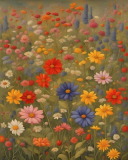 a painting of a field of colorful flowers, meadow with flowers, by Annie Rose Laing, field of mixed flowers, brightly colored flowers, wild flowers, meadow flowers, colorful wildflowers, inspired by Annie Rose Laing, garden with flowers background, flower meadow, flowers in a flower bed, by Mary Anne Ansley, inspired by Jan Brueghel the Younger