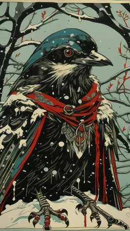 A contemporary serigraphy portrait by Kuniyoshi of a crow adorned in a punk leather jacket within a snowy Christmas atmosphere.