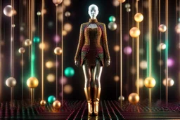 beautiful full body with long boots lady in surreal stage made of fractal random size spheres with helical strip colors in clothing similar to environment full body posing to camera,animating background metallic random color cubes