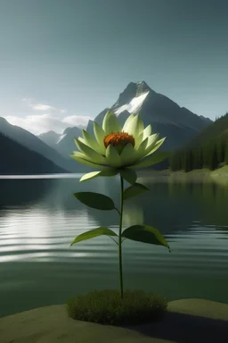 rendering of a flower growing in front of a lake with mountains behind it
