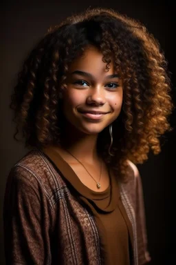 full body portrait of a 18 year old girl named Runa Rivers, main character of a youth novel, tall for her age - ca. 1,8m, full lips, light brown eyes, dark brown very curly short hair, smiling, black skin looking caucasian, freckles