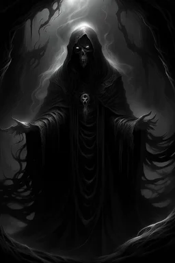 In the grim chambers of the dhampir who worships the deity of darkness, eternal night reigns. His hair, black as pitch, cascades in thick waves like smoke, shrouding his face in a veil of mystery. In his eyes, two boundless abysses reflect only darkness and enigma. The dhampir's attire resembles nightmarish visions. Black cloaks and shadowy patterns seem to weave through his garments, lending his figure the mysterious semblance of a ghost. An amulet around his neck flickers like a star in the b