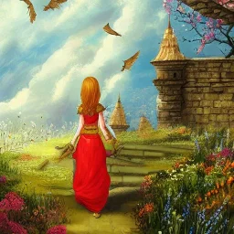  Castle into sky, with flowers of fire. Green clouds and birds. Shy girl going out of the main gate. Detailed painting, sharp color, medieval, intricate detail, far sceen, realistic colors, medieval concept art. spring.