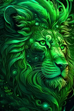 stunningly intricate details of this green digital painting. Featuring a luminous filigree fantasy lion with fluffy fur and reflective eyes, this close-up portrait is a true masterpiece of digital art.t, by craola, Jasmine Becket-Griffith, Cyril Rolando . concept art, centered composition perfect composition, centered, intricated pose, intricated, low poly, isometric art, 3d art, high detail, artstation, concept art, behance, ray tracing, smooth, sharp focus, ethereal lighting