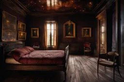 strange evening in vintage bedroom, deep dark colors, old wood floor, old antique bed, translucent walls, ceiling the galaxy with stars, etheral, mystic, stunning, cinematic