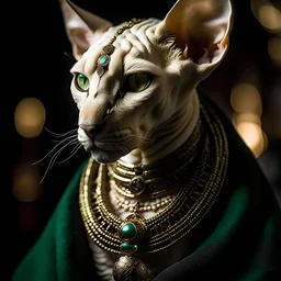 Close-up of cute Egyptian sphinx cat in leopard coat, fantasy portrait, dark fantasy, beautiful detailed eyes, Ancient Egypt style, unsplash, egyptian, gothic, very detailed, high quality, mysterious, beautiful sphinx cat, detailed eyes, intricate details, beautiful big green eyes, hairless, jewelry around neck, full body portrait, in luxurious albino dwarf coat, gothic style, high quality, fantasy art, Ancient Egypt theme, artbook, misticism, by Amor Fati, Broken Glass effect, no background, st