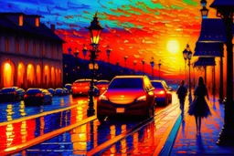 Sunset in the street, impressionism painting