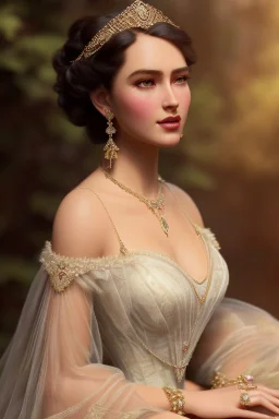 beautiful and gorgerous duchess with incredible jewellery in 19th century clothing by Greg Rutkowski and Artgerm and Emile Vernon and Vladimir Volegov, in a brown dress, mystical castle background, art illustration, natural beauty, muted colors, pastels, perfect fingers, higly detailed, expressive, high detail, symmetrical, digital painting, symmetrical eyes, dynamic lighting, artstation, cinematic lighting, intricate artwork, emitting diodes, smoke, artillery, sparks, racks, system unit, mother