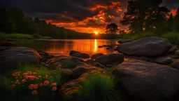 ((sunset)), heavy black and gray storm clouds (still body of crystal clear water [rocky bottom], in harmony, (wild forest in all its grandeur), slender undergrowth and mighty old trees, detailed lush grass and rare vibrant flowers, beautiful [texture] big rocks, [[partly moss-covered]] stones, detailed HDR dramatic clouds by Phil Koch), detailed picturesque environment, (divine view:1.3), (by Michael James Smith:1.1), (by Max Rive:1.2), best quality, majestic, masterpiece, spectacular view