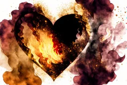 double exposure, merged layers, fireplace with dynamically blazing fire in coffee color, ink splatter art, watercolor and ink, golden glitters, double exposure heart and love