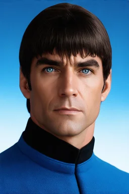 absolutereality_v181.safetensors [3d9d4d2b] - outer space, 30 year old man, Henry Cavill/Leonard Nimoy as Commander Spock, short, dark brown hair the bangs combed straight down over the forehead, blue eyes, thin, dark, extremely slanted eyebrows, thin face with a strong jawline, bright eyes, wearing a Star Trek Starfleed blue Science Officers Uniform, background is outer space, 8k ultra-hd, hyper realistic, photorealistic, realistic, focused, cinematic lighting,