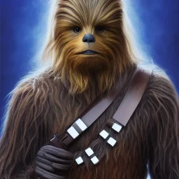 photorealistic and intricate portrait of chewbacca in star wars by robert bissell, wearing beskar armor, deep dark colors, hyperdetailed, 32K, oil on canvas,