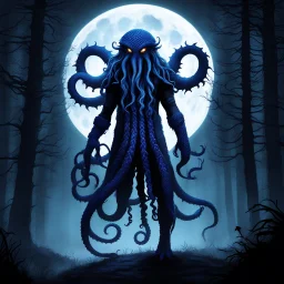 [high res photo] creature from the depths of the dark forest, a shadowy being with tentacles for arms and eyes that glow in the night. This monster wears socks in knitwear, with a pattern resembling ancient runes. under the moon