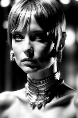 beautiful woman, anorexic, silver bikini, photorealistic, short hair to chin, style: helmut newton, twiggy haircut