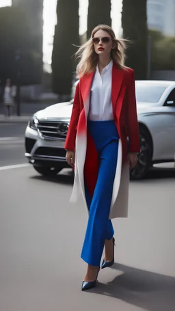 The fashion show walk onto the street. Realistic photo. Women wear an outfit trend 2023. Color combinations with royal blue and red blue ombre. Images lookbook this ounfits and acsessuares.