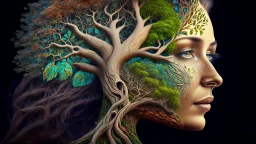 woman and tree mixed into one beautiful creature, intricate details, masterpiece, 3d, 64k, high resolution, high detail, computer graphics, hyperrealism, f/16, 1/300s. digital painting