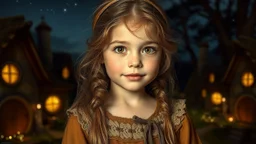 little young hobbit girl, beautiful, confident, calm, wise, happy, innocent, facing camera, head and shoulders, hobbit clothing, perfect eyes, Tolkien landcape, hobbit homes with circular windows and doors, night scene, stars, fireflies, 16k artistic photography, exquisite composition, photorealistic concept art, soft natural volumetric light, chiaroscuro, award-winning photograph, masterpiece, style William-Adolphe Bouguereau