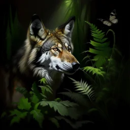wolf portrait, ferns, butterflies, oilpainting, cinematic lighting