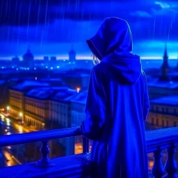 girl in a raincoat, watching the empty city, at midnight, dark blue colours, rainy, atmospheric, photo quality