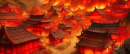 An orangish red Eastern village with torches designed in Heidrun manuscripts painted by Qiu Ying