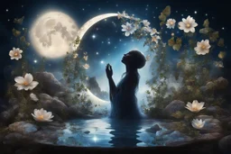 double exposure, merged layers, praying woman silhouette in backlit, glass and gemstone moonflowers bathing in the light from a full moon, rocks, water, amazing night sky, glowing flowers, vines, large stars highly detailed extremely detailed fantasy photorealistic beautiful high detail award winning hyperrealistic ultra detailed high definition crisp quality Jacek Yerka Ultra realistic Dominic Davison