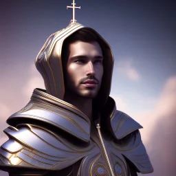 A handsome npc standing in front of a church, futuristic design, a paradise in background, close-up face, geometric armor, female face, 3d unreal engine