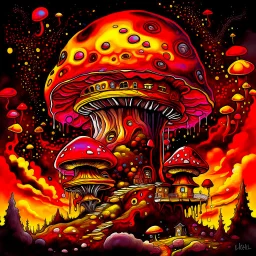 A fantabulous black, red, and yellow (((mushroom tower house))) erected atop a (geologic pillar), surrounded by the uncanny imaginative ((( swirling skies))), offset by the stark hues of a (neon-tinged nebulous space scape), within. captured by the hand a skilled master painter with a focus on (softly blurred compositions and voluminous lighting).