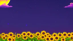 stylized, purple sky full of stars, sunflower field