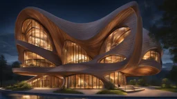 inspiring interwoven wooden ultra-modern building based on parabola shapes, sine curves and helix shapes, featuring large windows, rural location, night, moonlight, fireflies, distant mountains, lake, astonishing architecture, beautiful, wow, extremely detailed, photographic quality, beautiful composition, Ultra Realism, Complex intricate Details, 16k, HDR, High Quality, Sharp Focus, Studio Photo, attractive, innovative