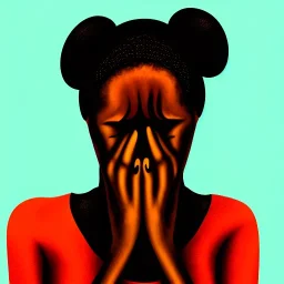 Portrait of a young black woman crying. Tears the colour of oil. Depression seeping out of her eyes nose and mouth like a oil spill