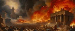 In this intricate and historically charged image, a moment of chaos and conflict unfolds, depicting wars, revolutions, and upheavals. In the background, a fiery scene of battles emerges, with flames and columns of smoke rising into a sky punctuated by the diverse colors of explosions and clashes. In the foreground, a scene from revolutions takes shape, as people manifest defiance, raising symbolic banners and flags, with expressions of anger and protest on their faces. The intricate details hig