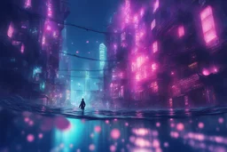 under water, cyberpunk, city, colorful, bubbles, lights,