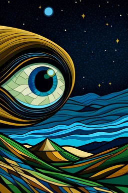 Plano detalle del ojo de una vaca saltando en la llanura pampeana bajo un cielo estrellado y una luna brillante al estilo Juan Gris